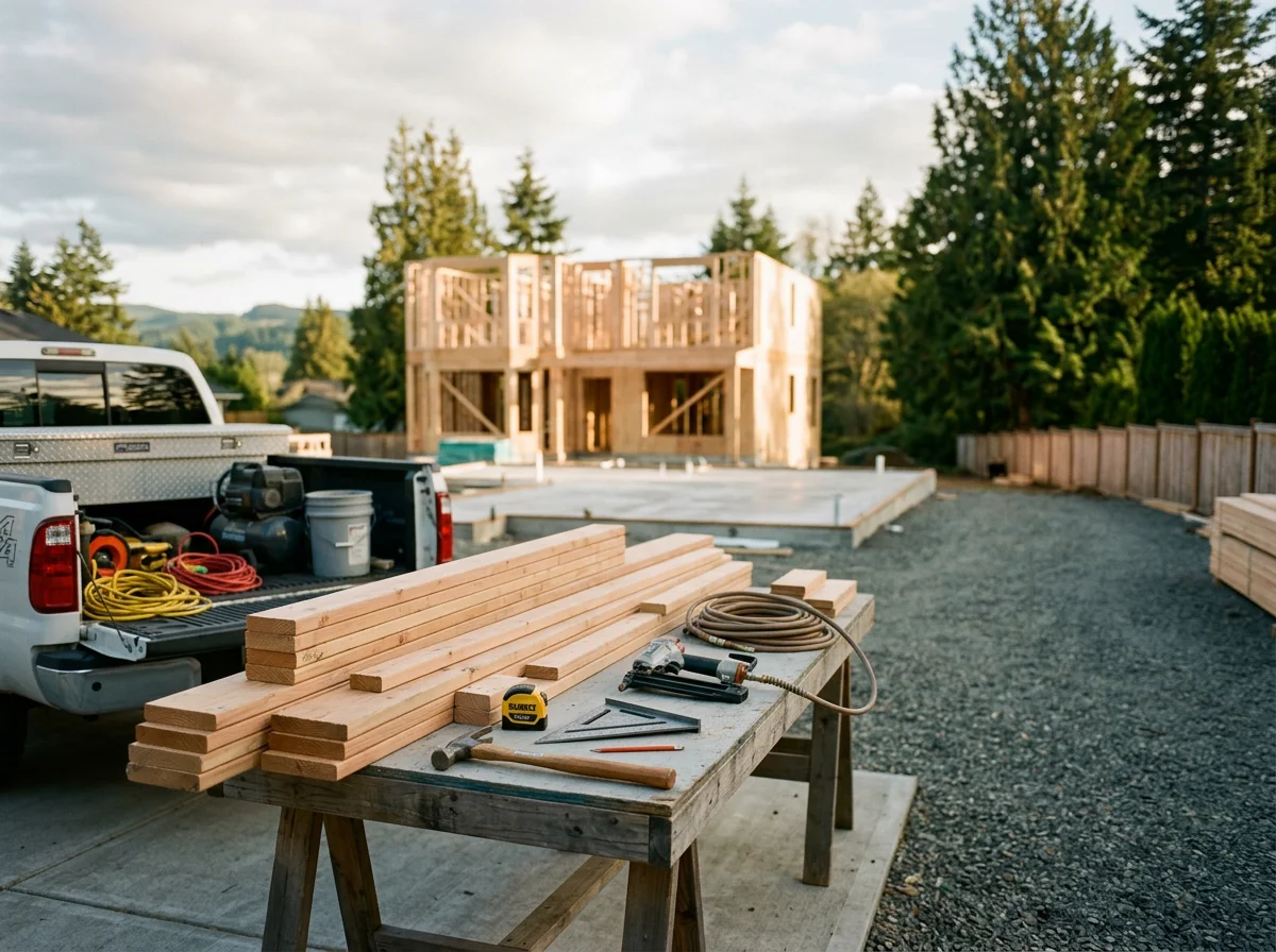 Construction site with framing materials, tools, and equipment staged for residential building project.
