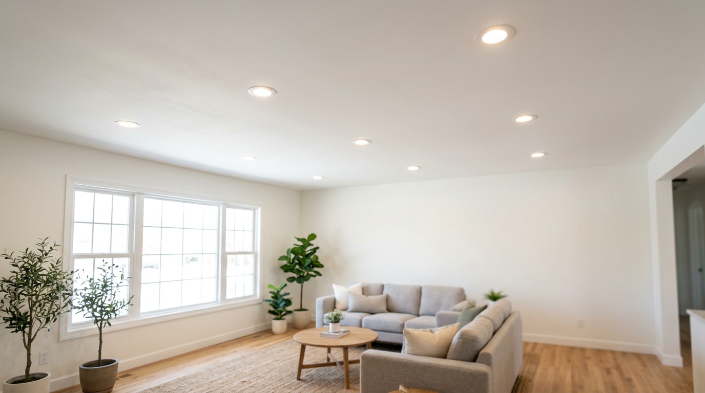 Freshly repaired and painted residential ceiling with recessed lighting