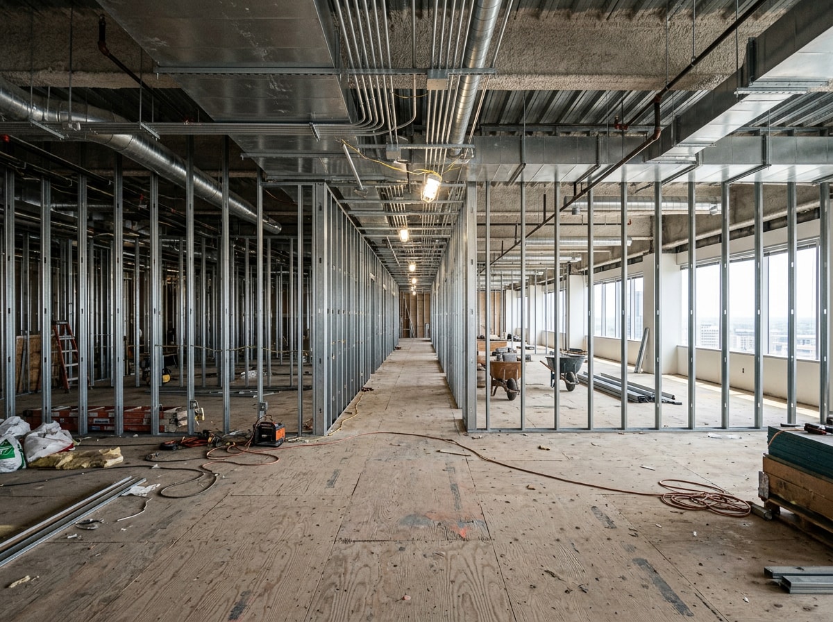 Commercial construction crew framing an office remodel in a Whatcom County building