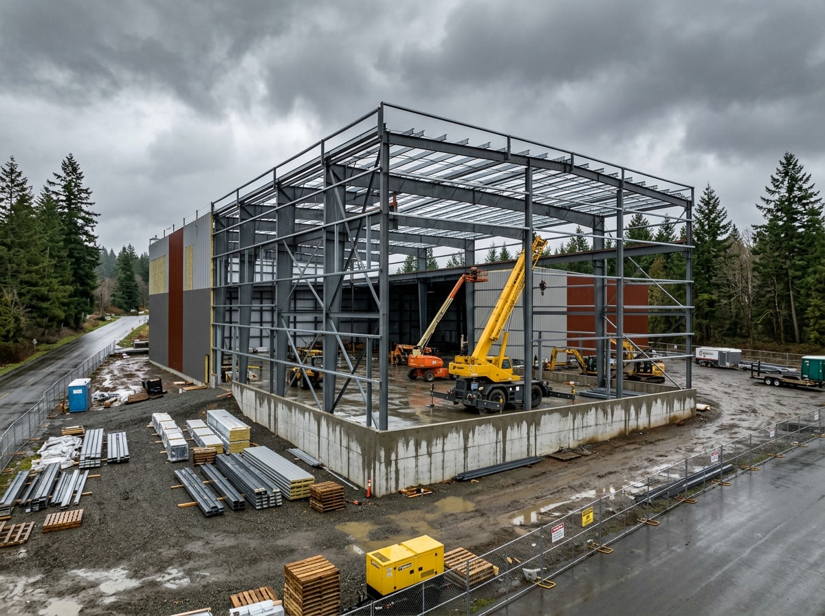 Pre-engineered steel commercial building under construction with concrete foundation visible