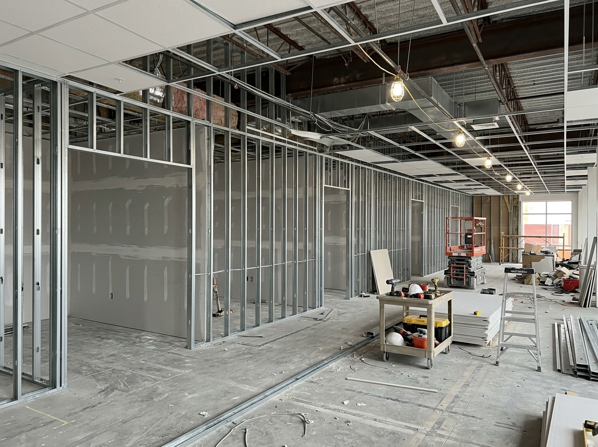 Local design-build crew framing and finishing a commercial tenant improvement project