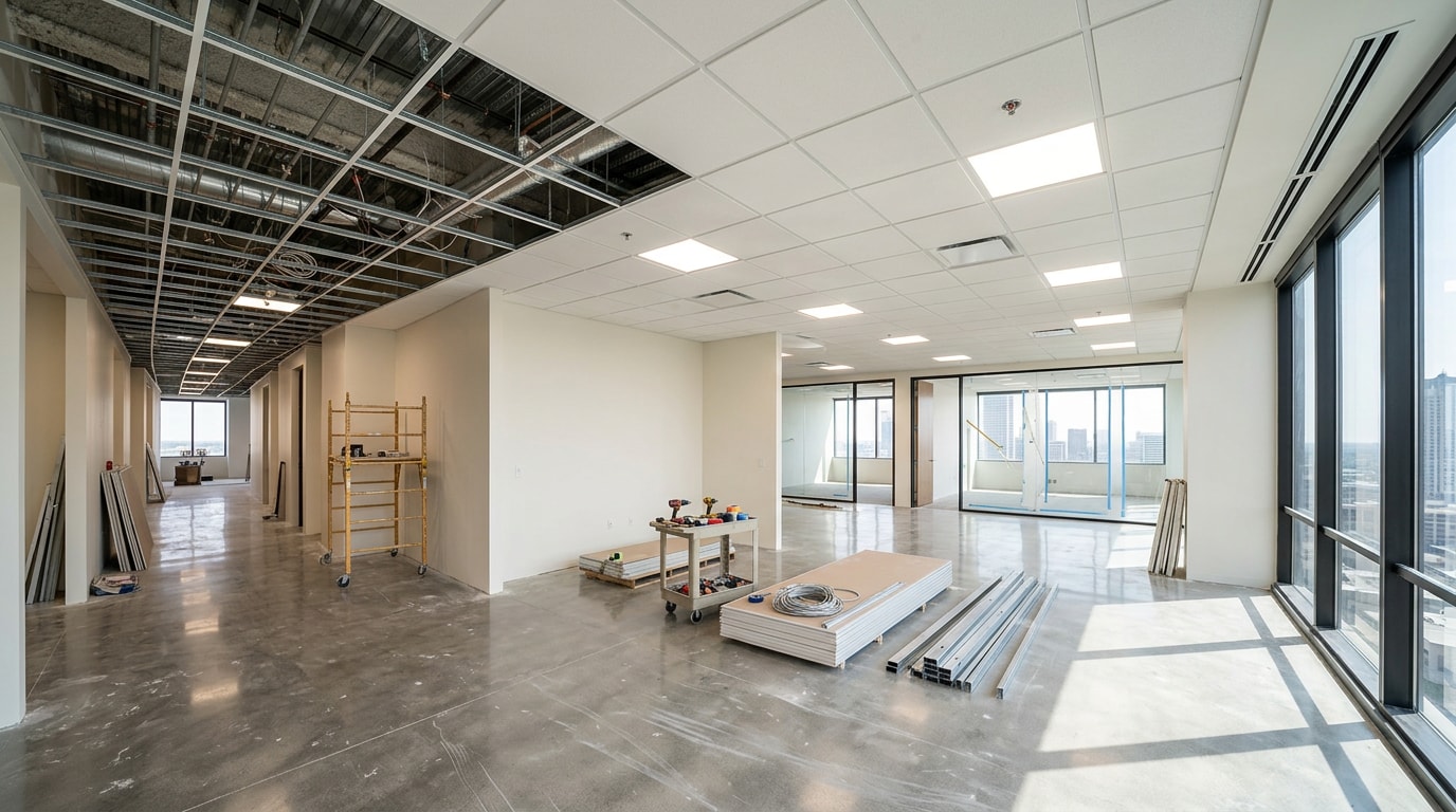 Finished commercial renovation office interior with new partitions and lighting