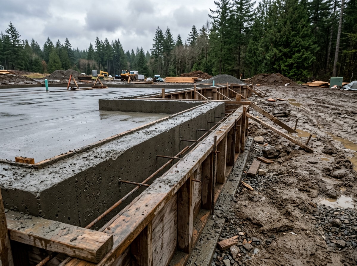 Finished concrete foundation and flatwork pour on a residential building site in Skagit County