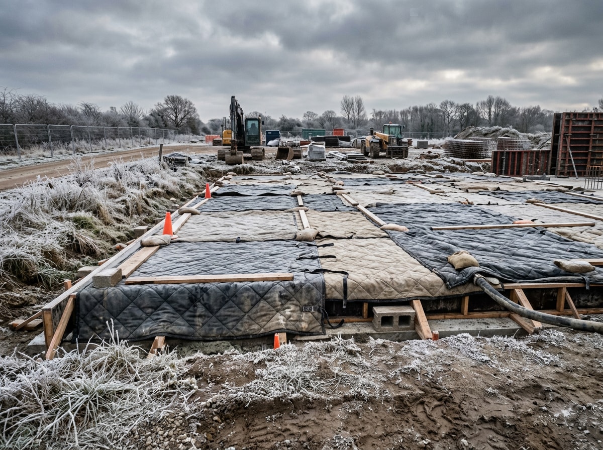 Concrete crew placing insulated curing blankets over a fresh slab pour during cold weather