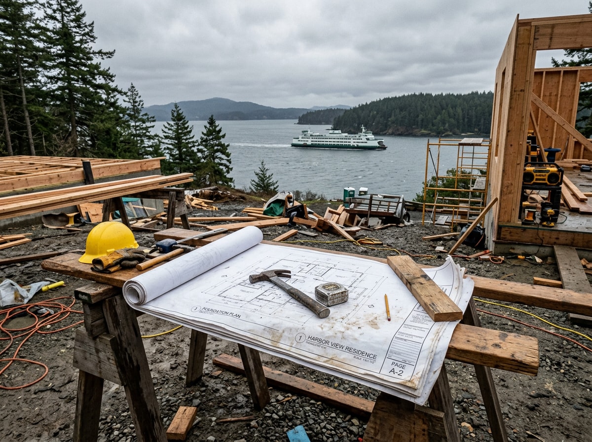 Construction lead reviewing site plans on a San Juan Islands jobsite with a ferry visible in the background