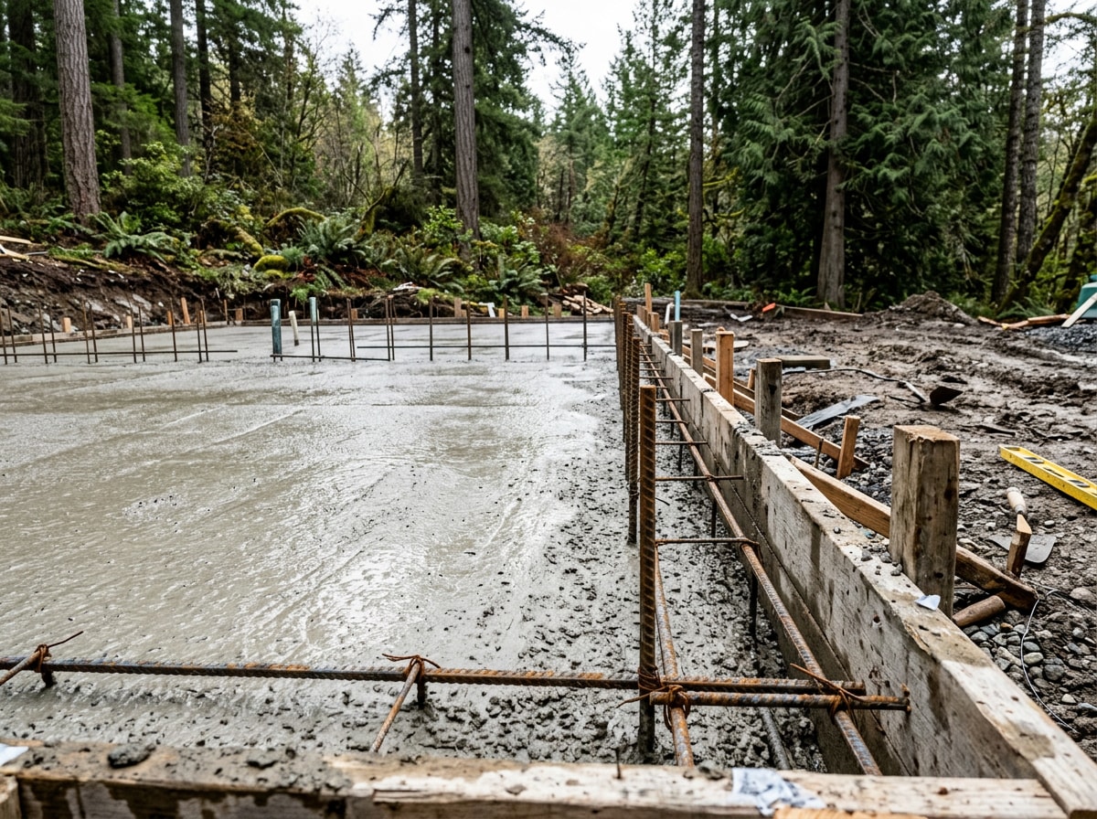 Construction lead and crew pouring a concrete foundation on a graded building site in San Juan County