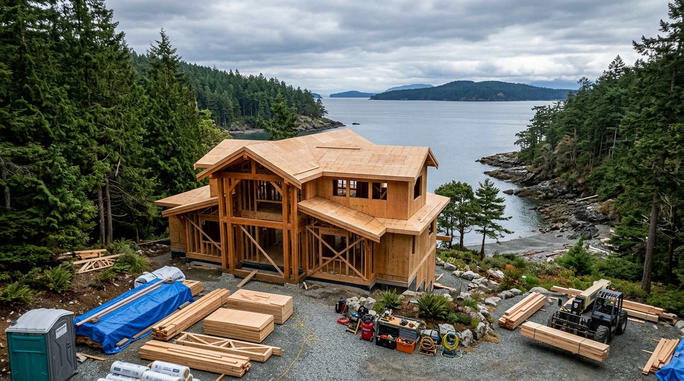 Custom home under construction on a San Juan County, WA waterfront lot Custom home under construction on a San Juan County, WA waterfront lot