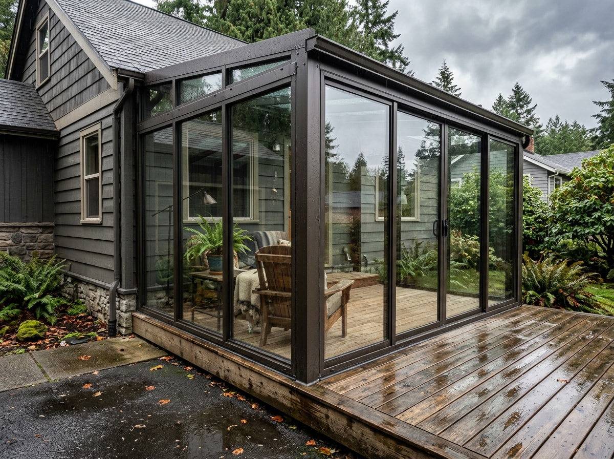 Enclosed porch with aluminum frame and glass panels on a Pacific Northwest home