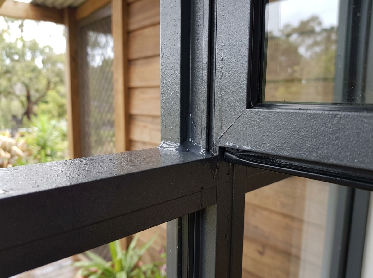 Close-up of a powder-coated aluminum porch enclosure frame with weather sealing