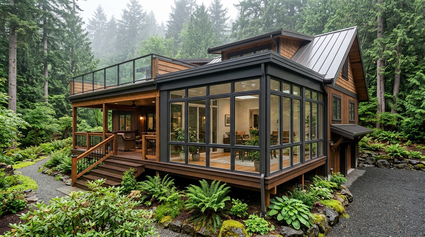 Finished four-season sunroom porch enclosure on a Pacific Northwest home Finished four-season sunroom porch enclosure on a Pacific Northwest home