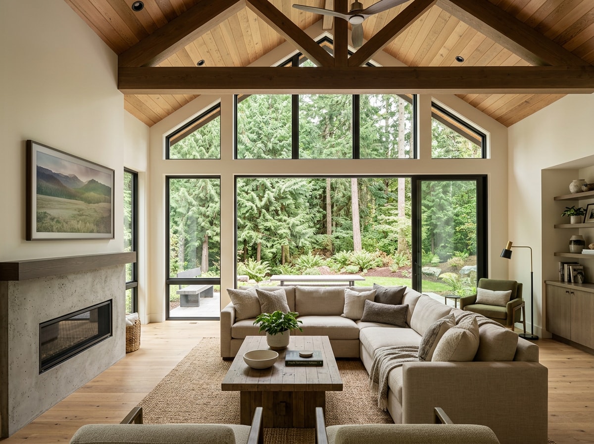 Finished family room addition with large windows on a Skagit County, WA home