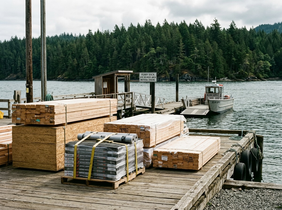 Building materials staged near a ferry dock loading area for a San Juan Islands construction project