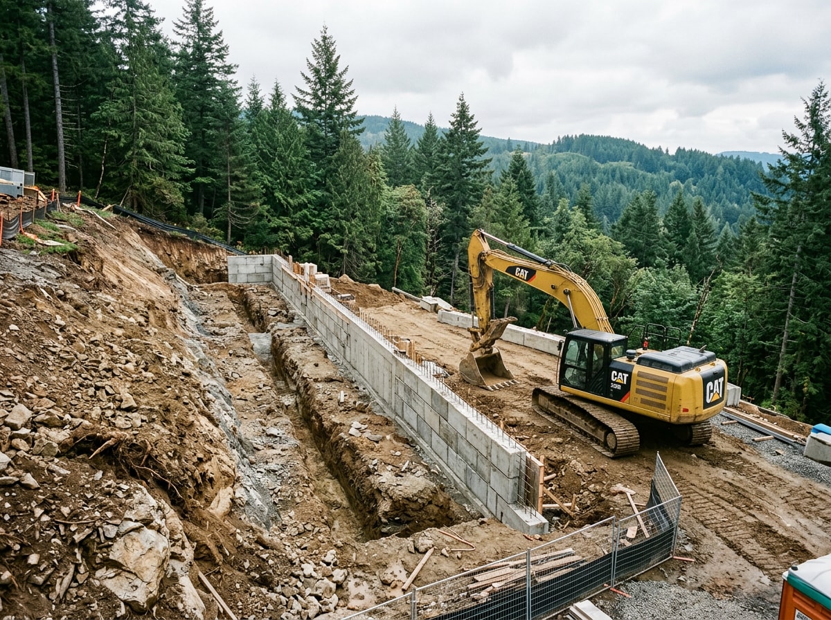 Hillside foundation excavation with engineered retaining wall on a San Juan County building site