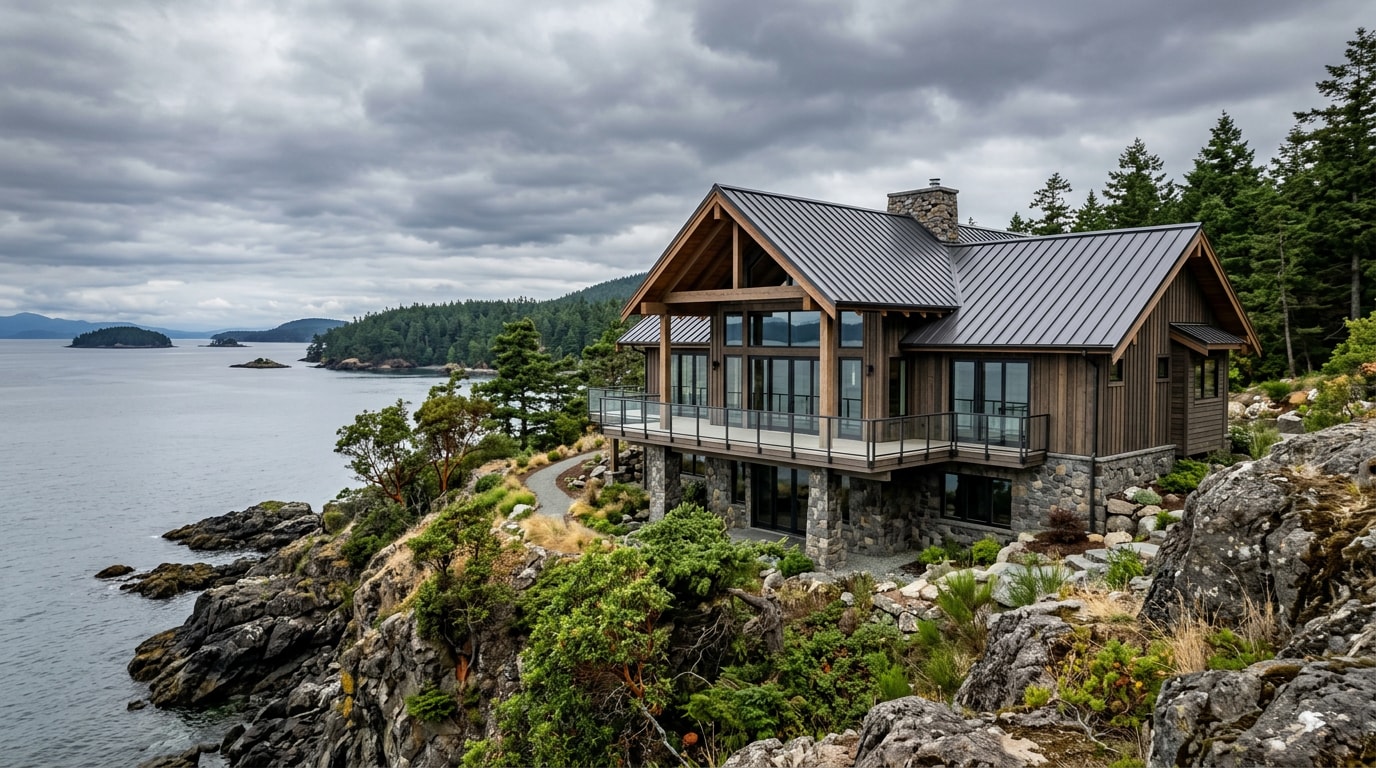 Custom-built coastal home on a rocky bluff in San Juan County, WA