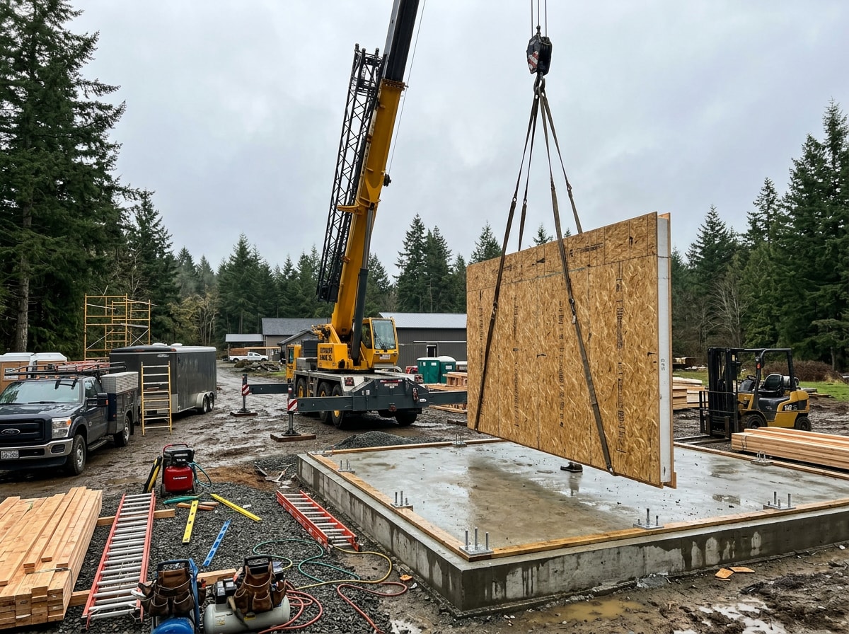 SIP wall panels being lifted into place on a Pacific Northwest custom home foundation