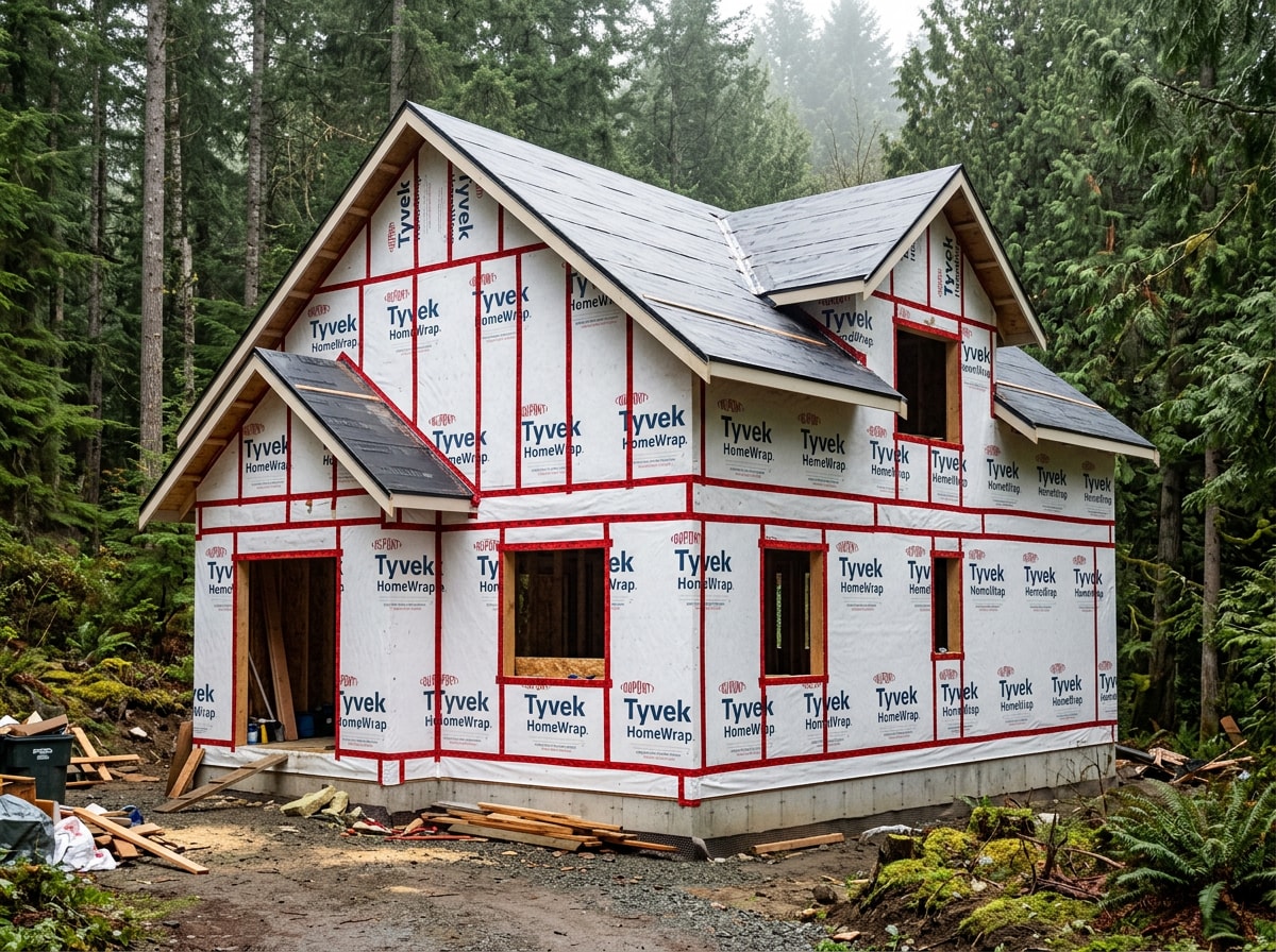 Finished exterior of a tightly sealed SIP panel custom home in a wooded Whatcom County lot