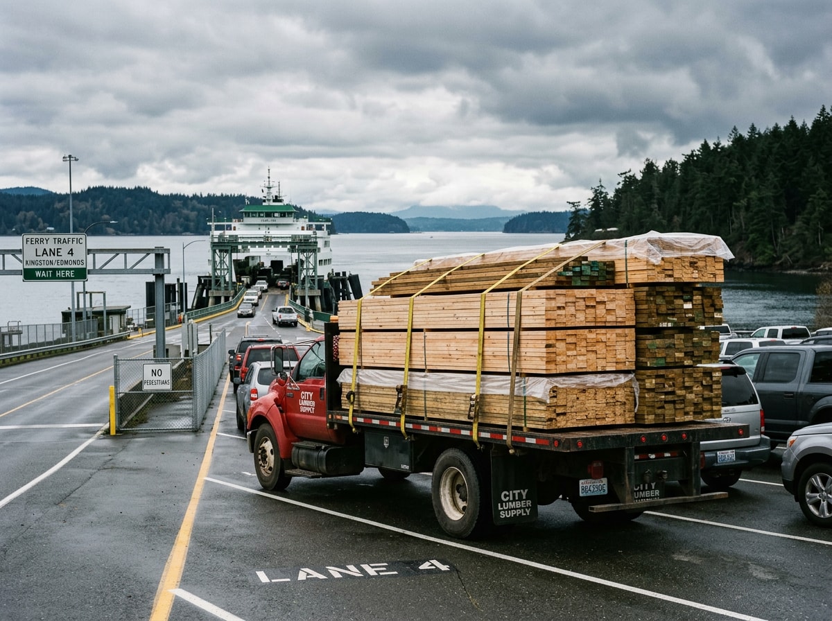 Flatbed delivery truck loaded with lumber and framing materials parked near a ferry terminal loading lane