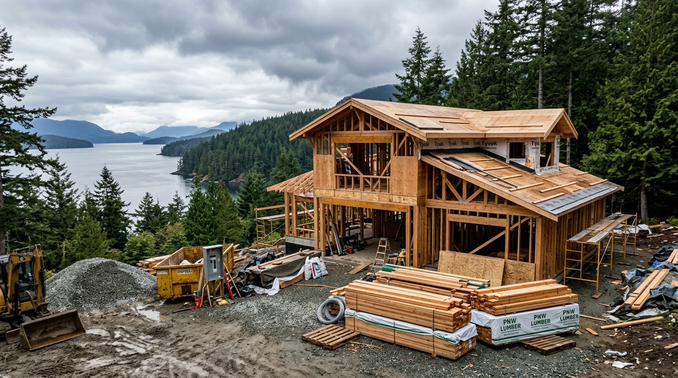 Framed residential construction site on a San Juan Islands lot with staged building materials Framed residential construction site on a San Juan Islands lot with staged building materials