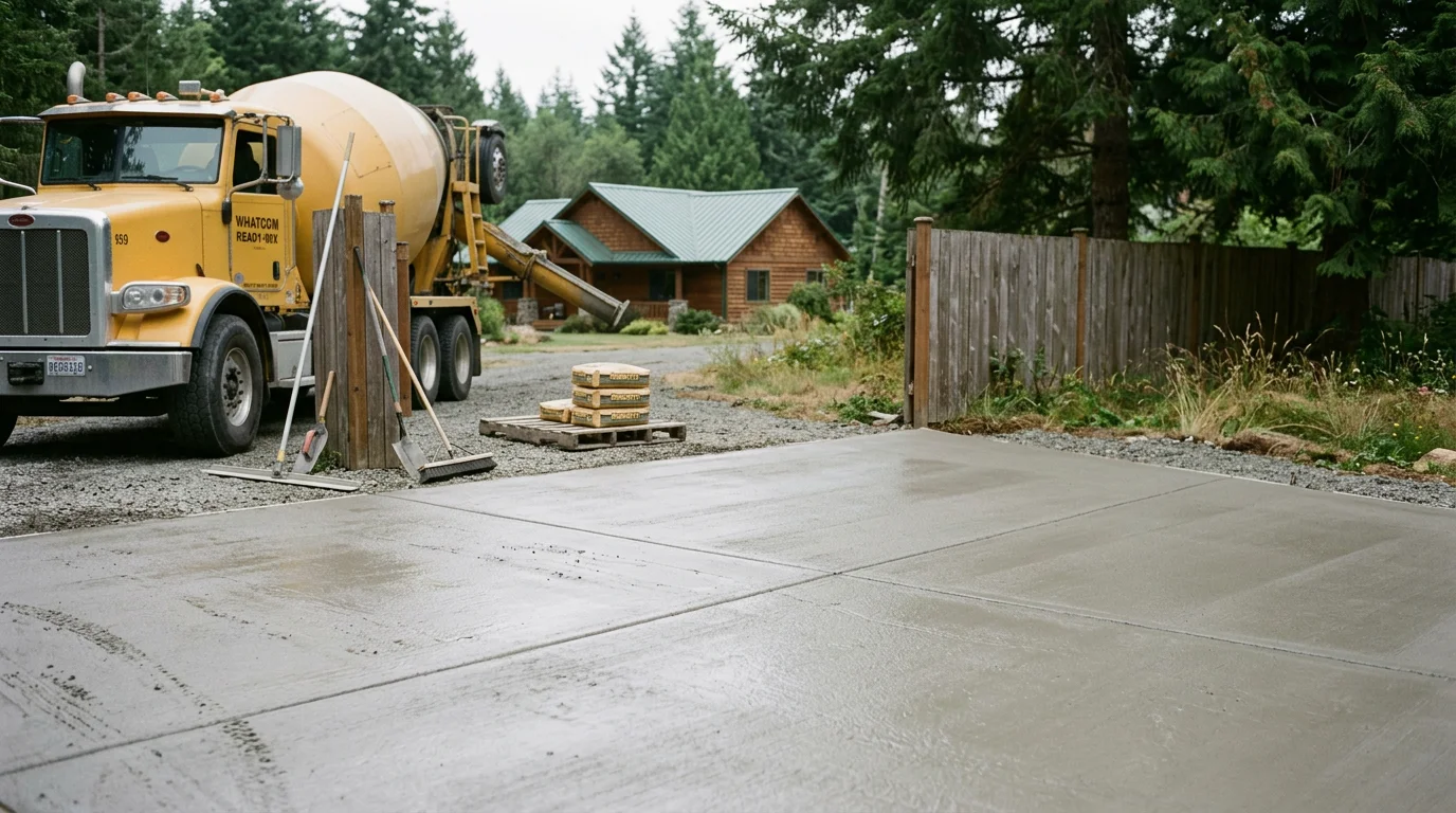 Finished concrete foundation and flatwork at construction site