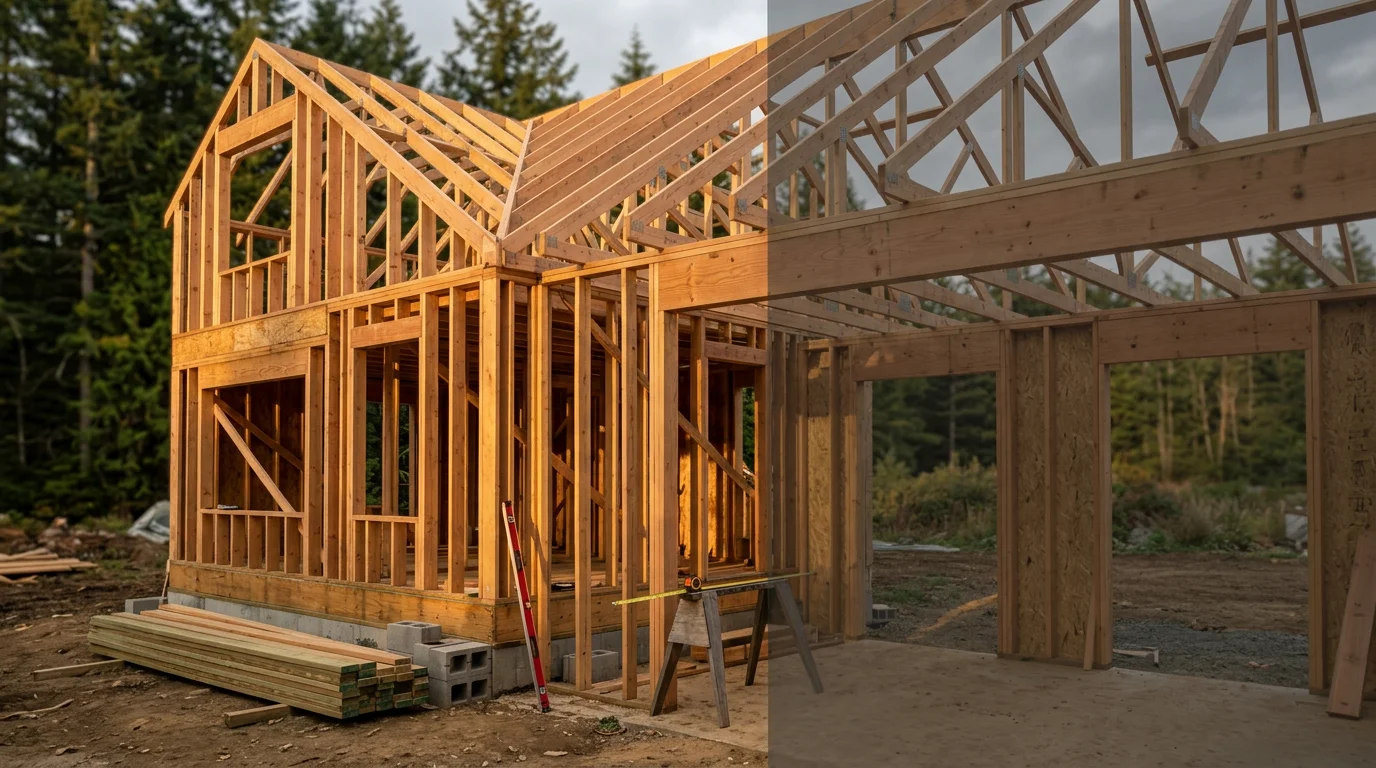 Custom home under construction with foundation and framing visible
