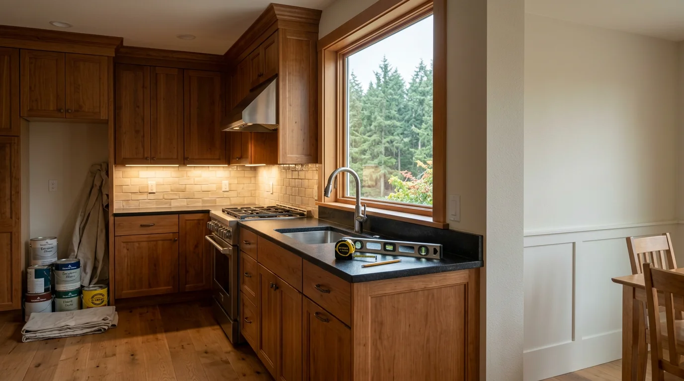 Newly remodeled kitchen with custom cabinets and granite countertops
