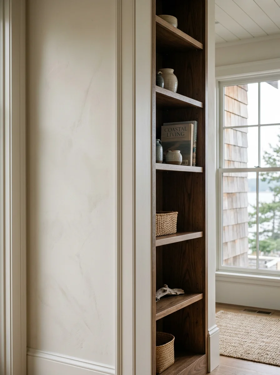 Detailed finish carpentry work being installed inside a custom island home in San Juan County, showing built-in shelving and trim in a coastal residential setting.