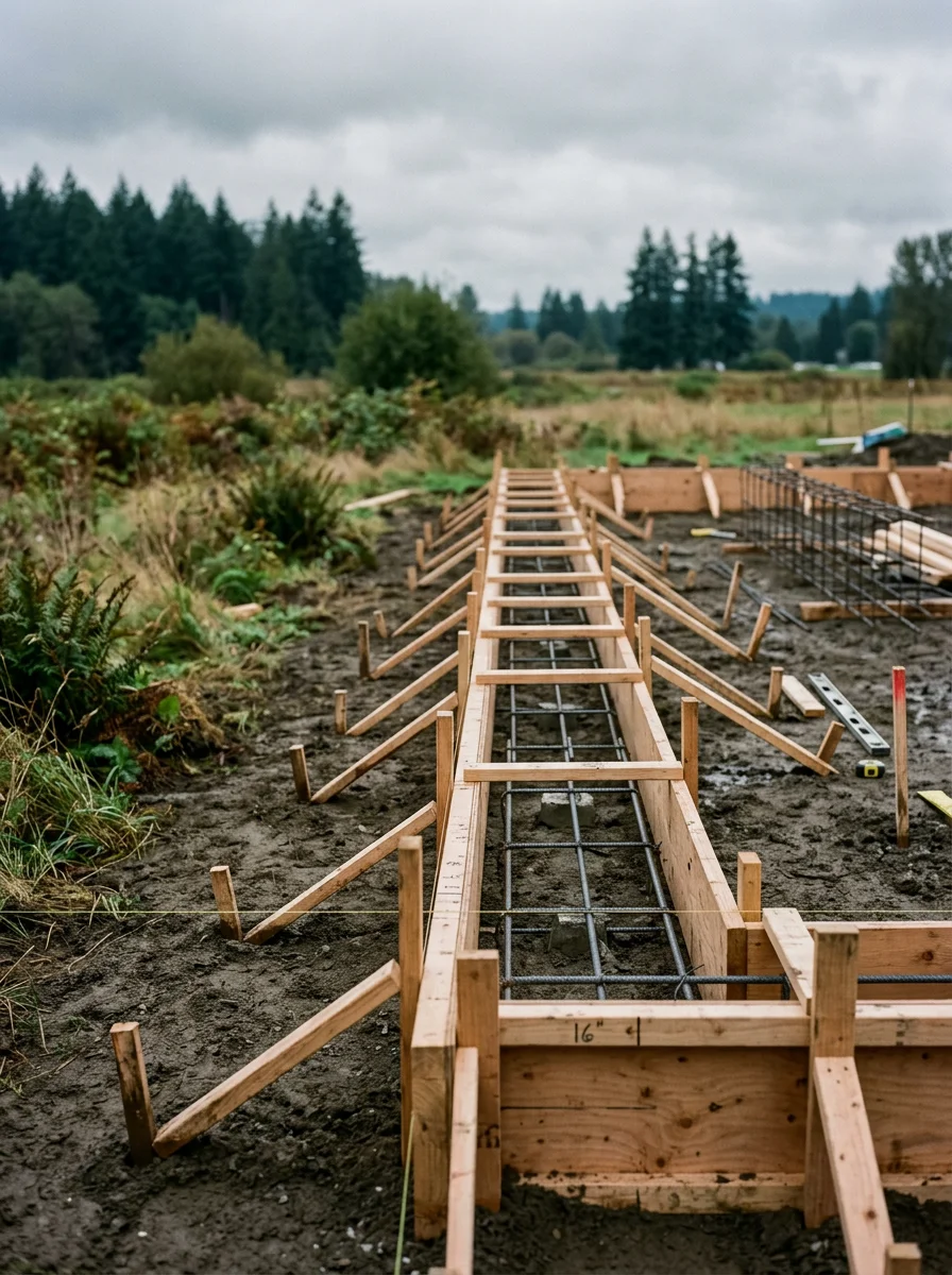 Concrete foundation formwork being set on a Skagit County building site, showing engineered footings prepared for the valley's silty clay soils.