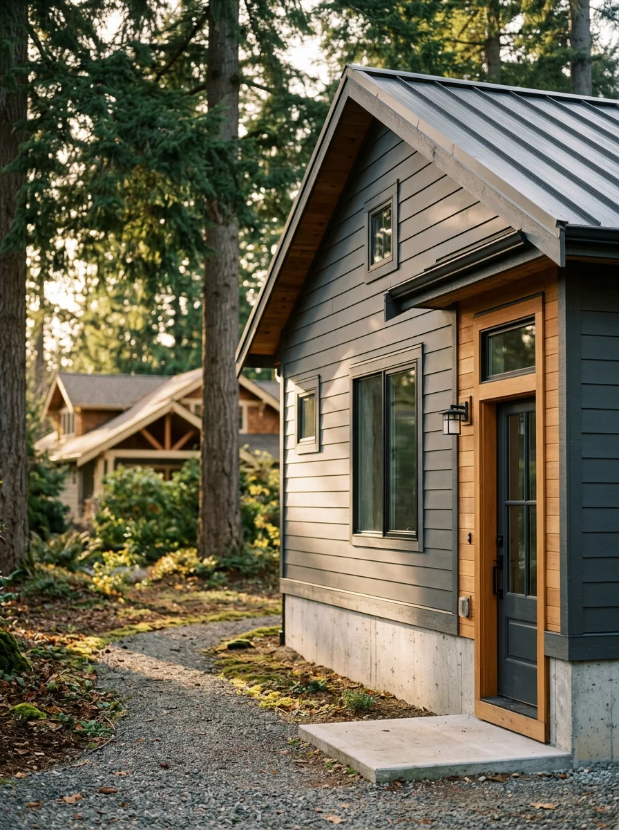 A newly constructed detached ADU on a residential lot in Snohomish County, showing a finished exterior with a concrete foundation and separate entry.