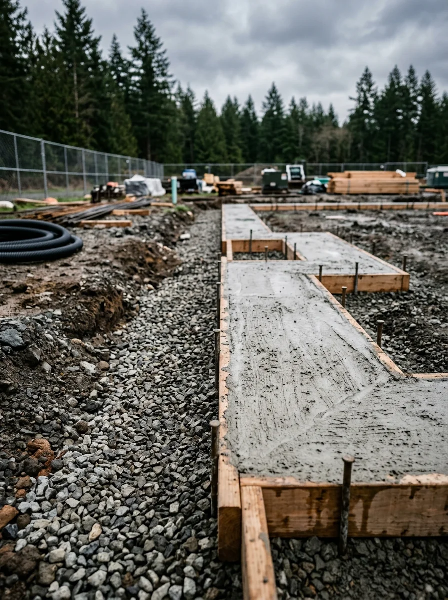 Close-up of a freshly poured concrete foundation on a residential lot in Whatcom County, showing formed footings and drainage preparation.