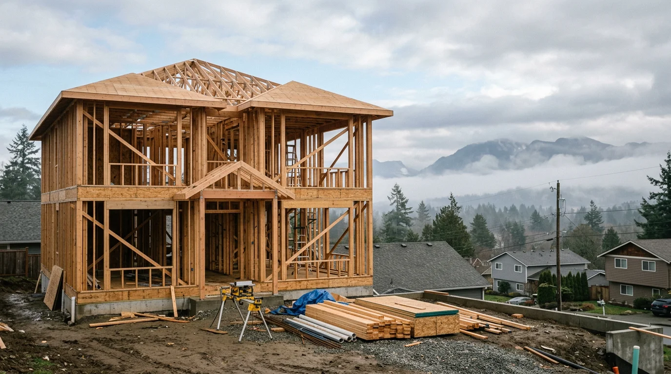 A newly framed custom home under construction in a Whatcom County residential neighborhood, with Cascade Mountain foothills visible in the background.