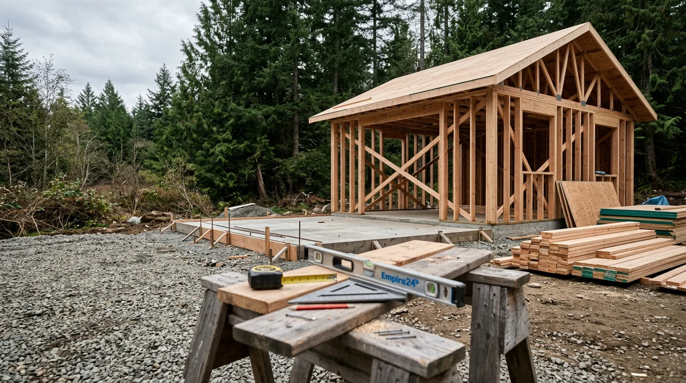 A newly constructed detached ADU with wood siding and a covered entry, situated in a residential backyard in Whatcom County, Washington. The structure sits on a landscaped lot with mature evergreen trees visible in the background.