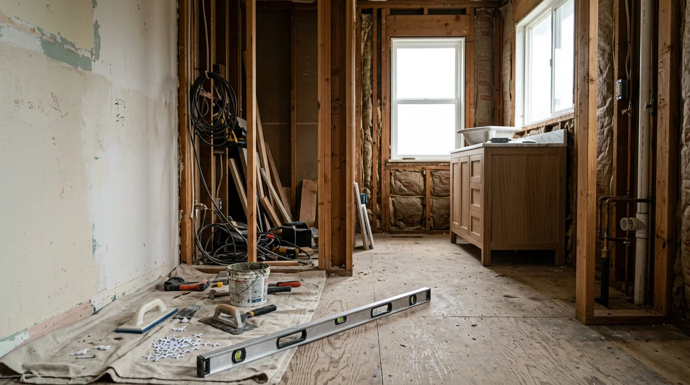 A remodeled bathroom in a Whatcom County home featuring new tile work, a walk-in shower, and an updated vanity. The finished space reflects the kind of practical, durable craftsmanship suited to the Pacific Northwest climate.