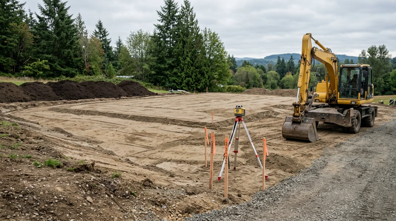 A residential building lot in Whatcom County, WA with freshly graded soil shaped into a level building pad and sloped edges directing drainage away from the cleared home site. Surrounding terrain shows mixed soil conditions typical of the region, with tree lines visible at the lot boundary.