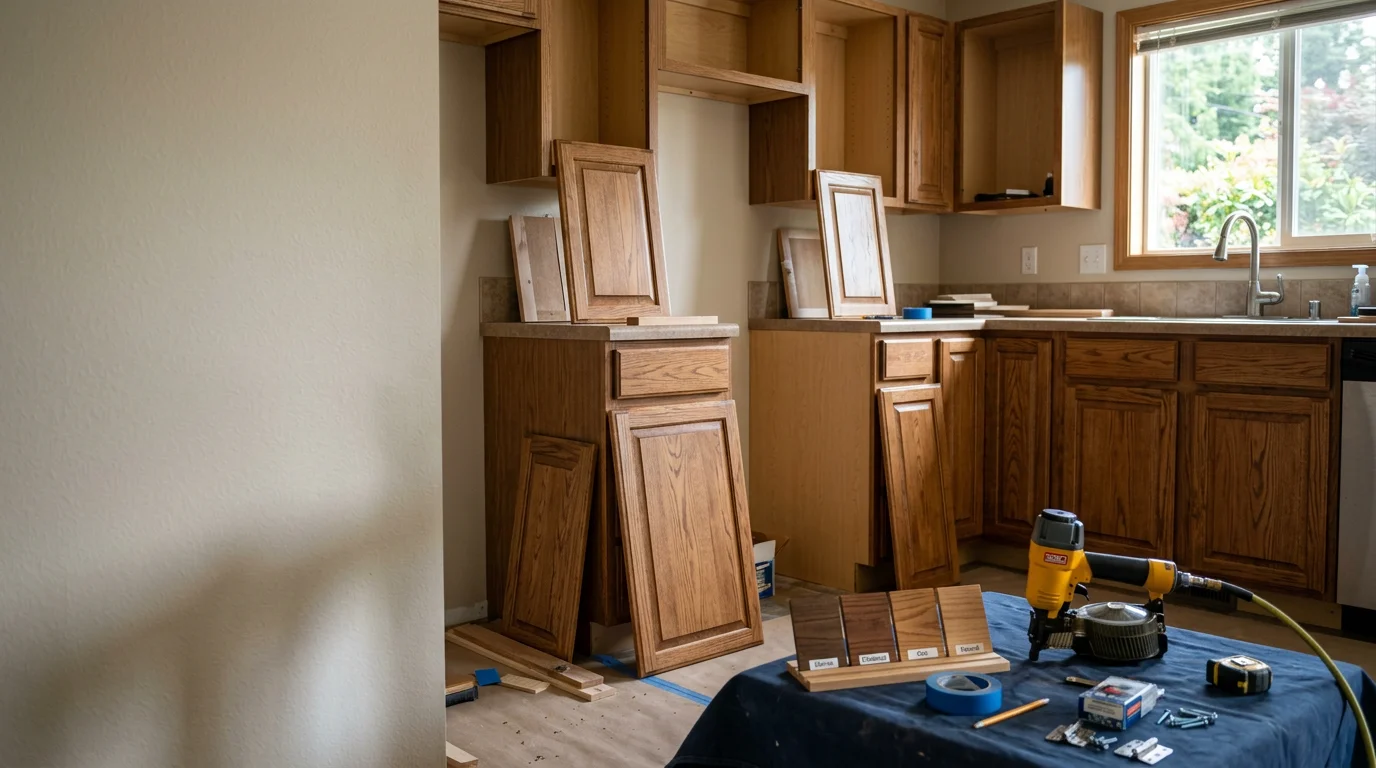 Refaced kitchen cabinets with new doors and drawer fronts installed in a Whatcom County, WA home. The existing cabinet boxes remain in place while the updated surfaces give the kitchen a clean, refreshed appearance.