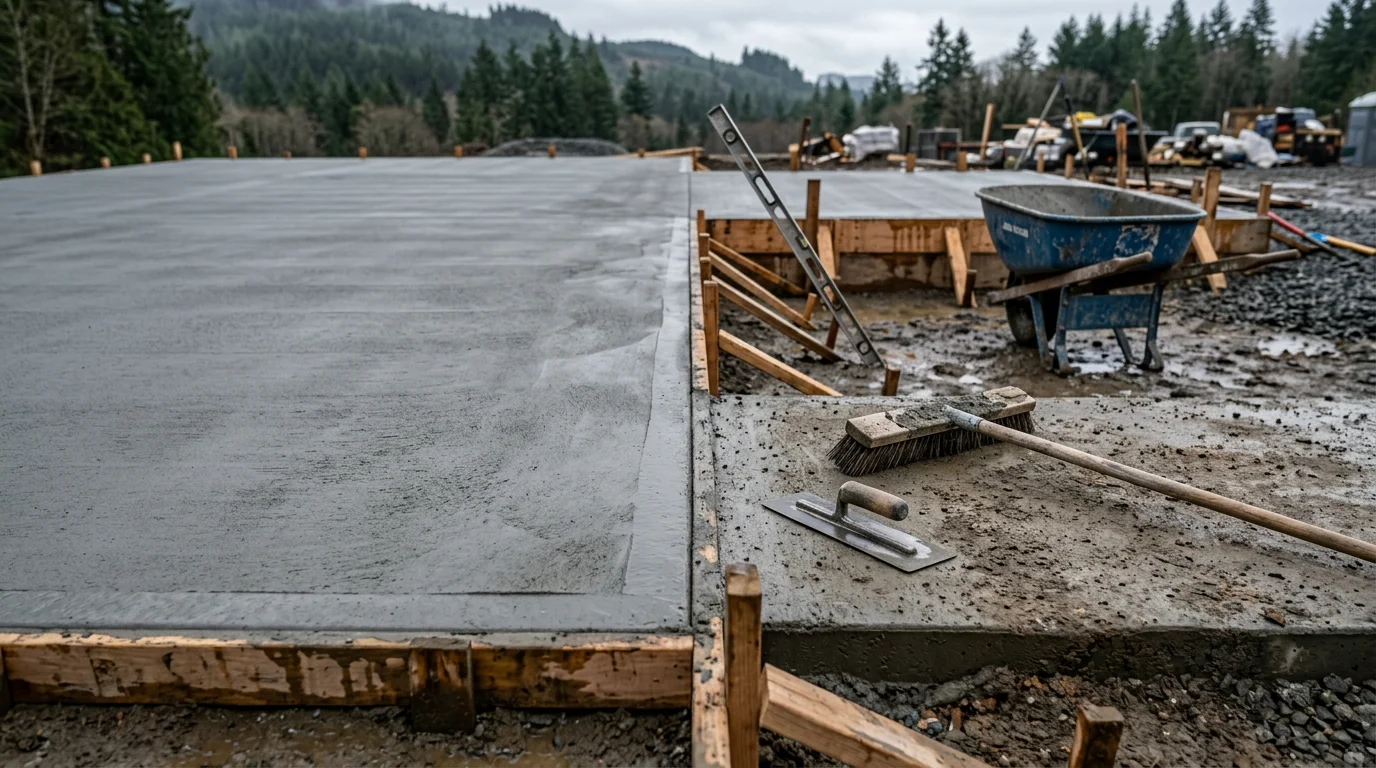 A freshly broom-finished concrete patio slab outside a residential home in Whatcom County, Washington. The surface shows consistent parallel texture lines and clean edges typical of professional concrete finishing work.