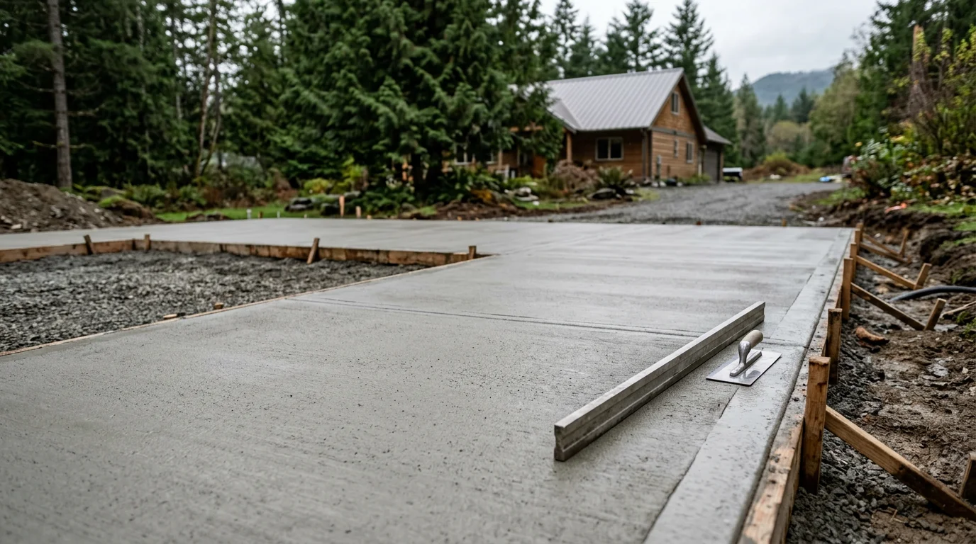Freshly poured and broom-finished concrete flatwork on a residential property in Whatcom County, WA. The smooth, level slab extends from a home's side entrance toward a detached garage on a cloudy Pacific Northwest day.