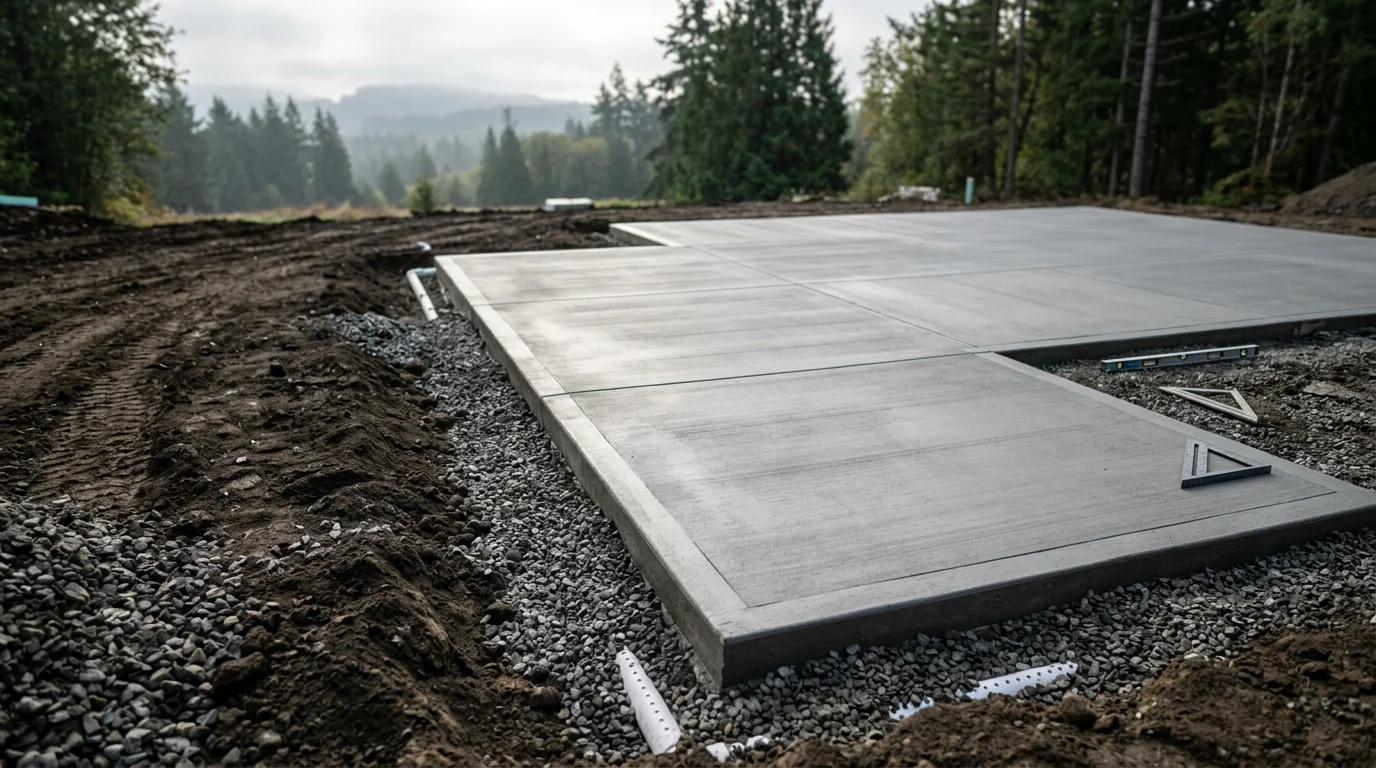 Freshly poured concrete foundation walls and footings for a new residential structure in Whatcom County, WA. The excavated site shows formed concrete perimeter walls ready for backfill and framing.