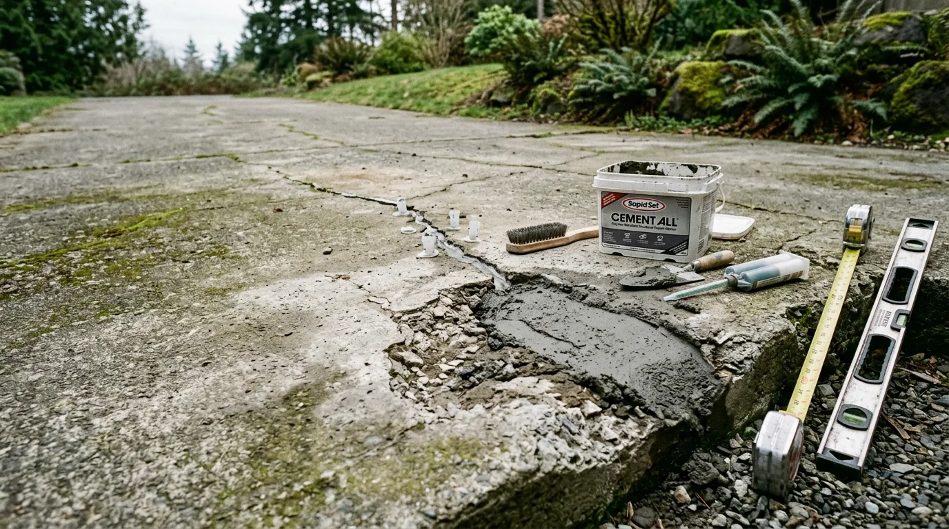 Close-up of a repaired concrete slab surface in Whatcom County, WA, showing patched cracks and restored texture on a residential walkway. The surrounding area reflects the wet, overcast conditions typical of the Pacific Northwest.