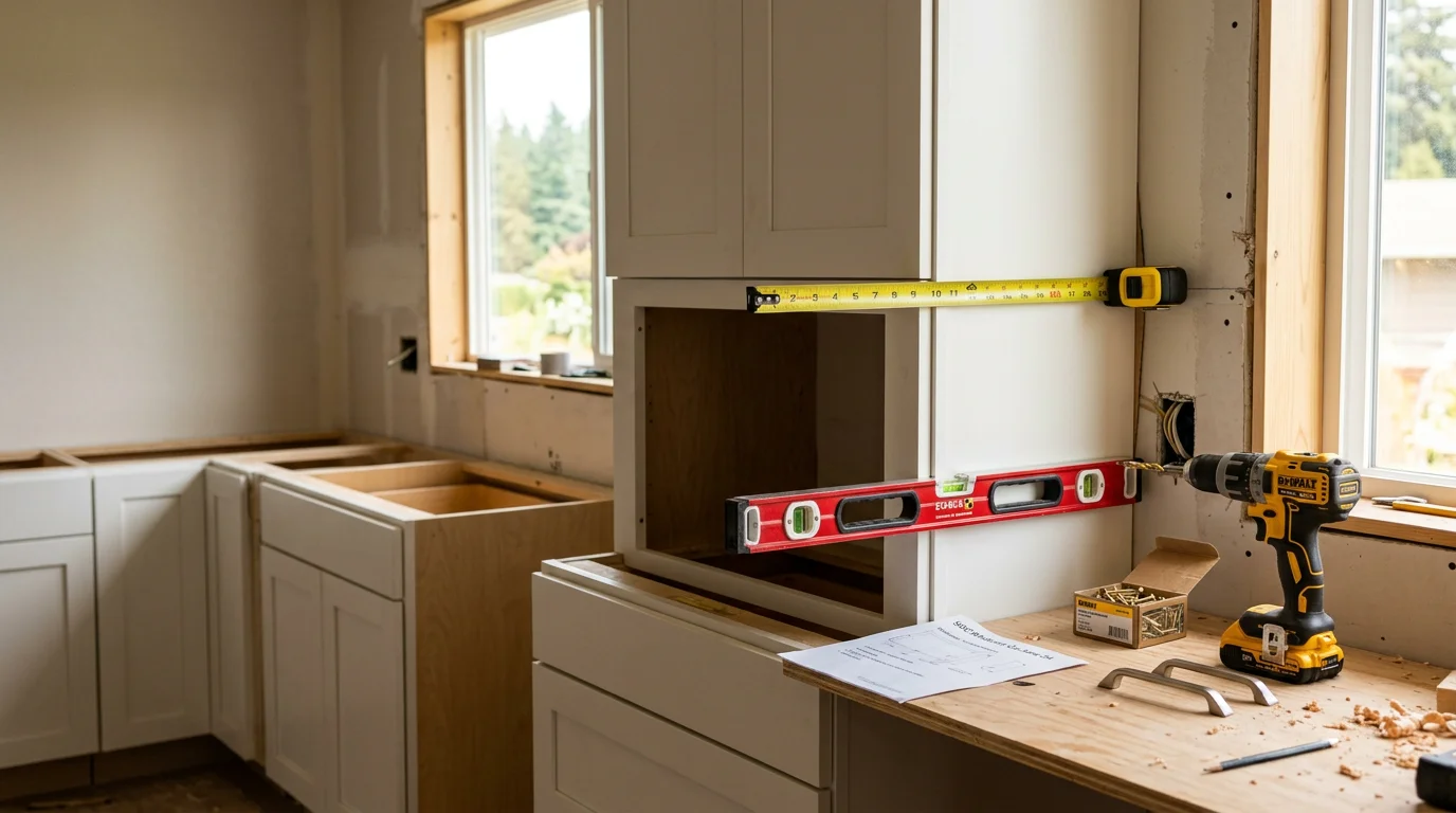 Newly installed custom wood cabinets in a Whatcom County kitchen, showing floor-to-ceiling cabinetry fitted precisely along the walls with hardware in place. The installation reflects clean lines and tight joinery typical of a professionally completed custom cabinet project.