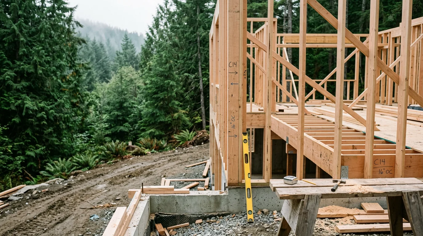 A newly constructed custom home on a residential lot in Whatcom County, WA, with a finished exterior framed by Pacific Northwest tree lines. The home features a clean roofline and site-fitted foundation reflecting ground-up custom construction.