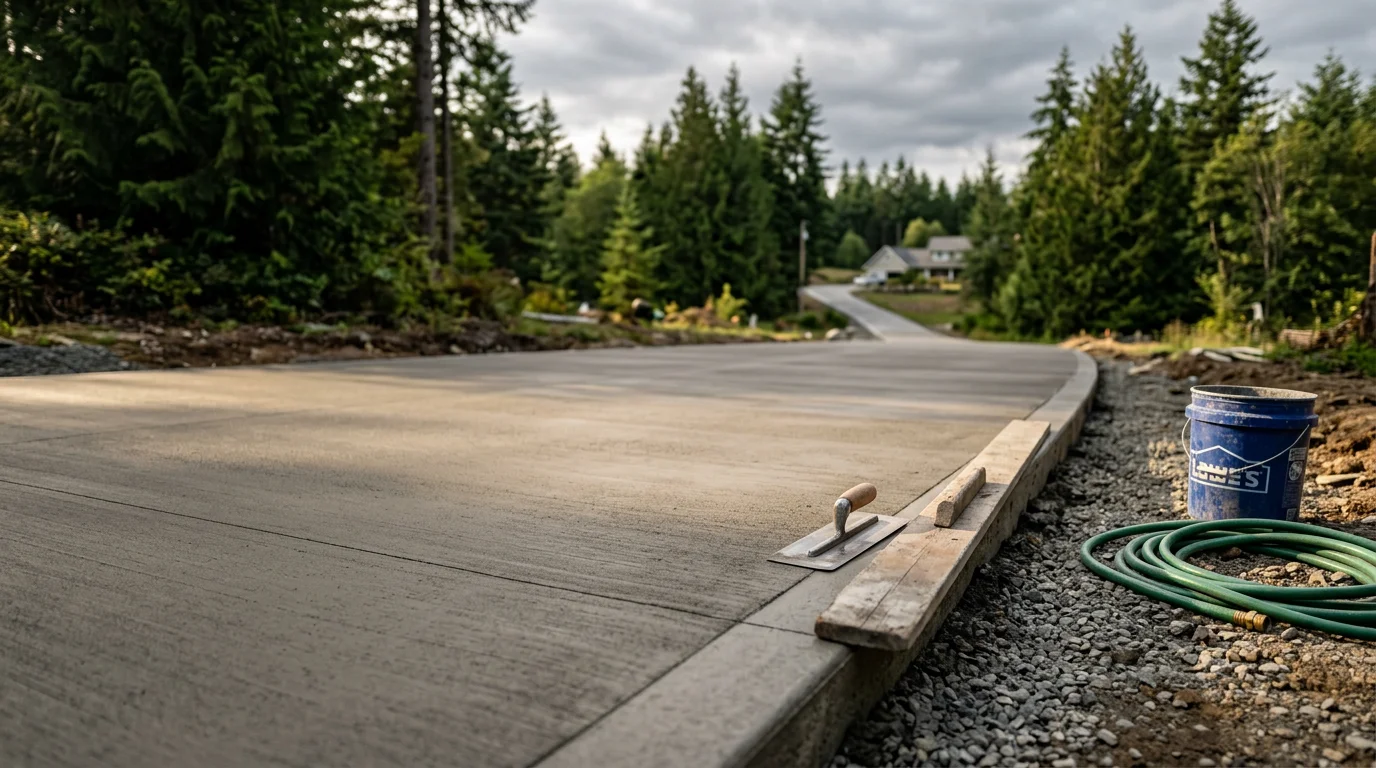 Freshly poured and broom-finished concrete driveway on a residential property in Whatcom County, WA, with visible control joints and drainage slope away from the garage. Gray concrete surface contrasts with the surrounding green Pacific Northwest landscape.