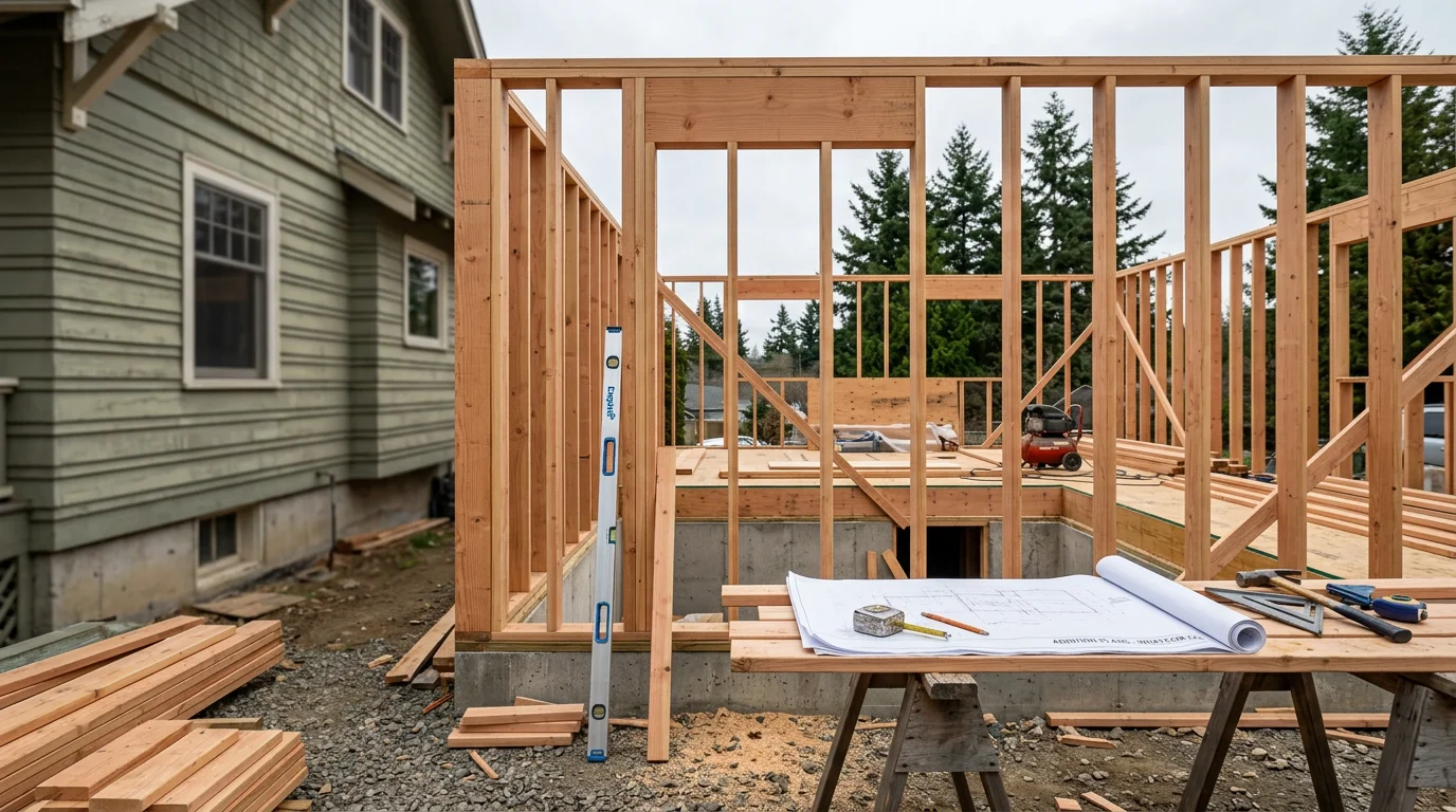 A newly completed home addition on a residential property in Whatcom County, Washington, showing a framed and finished room extension that blends with the existing roofline and exterior. The addition connects directly to the original structure with matching siding and trim details.