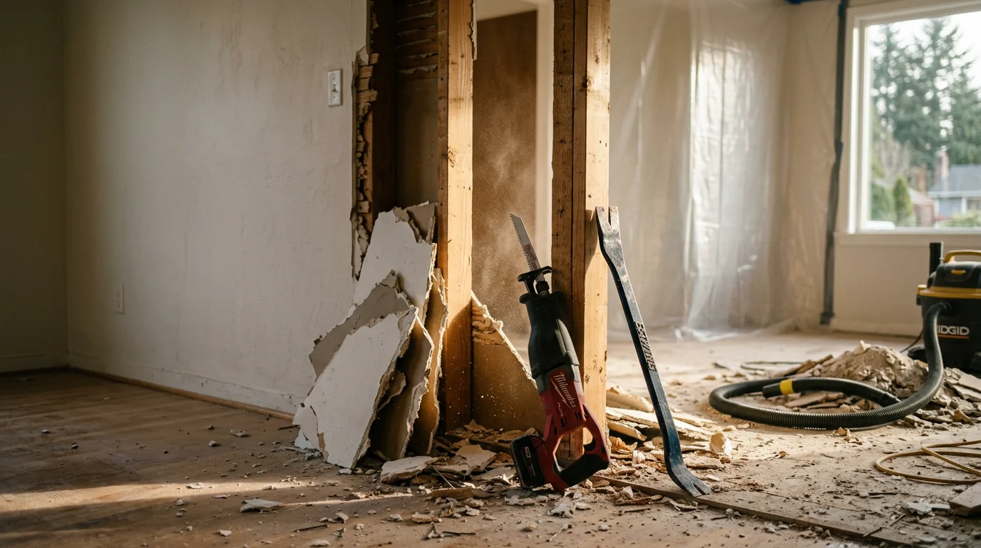 Interior of a Whatcom County home mid-demolition, with drywall and flooring removed down to the wood framing, exposing wall cavities and subfloor ready for renovation. Debris is staged neatly in the cleared room before removal.