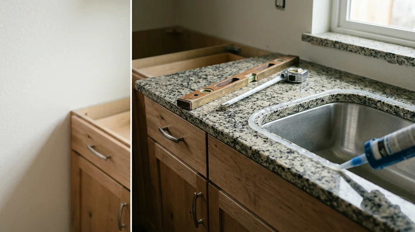 Newly installed kitchen countertop with clean edge finishing and fitted sink cutout in a Whatcom County, WA home. The surface runs along the perimeter of the kitchen with tight seams and consistent overhang above the cabinet faces.