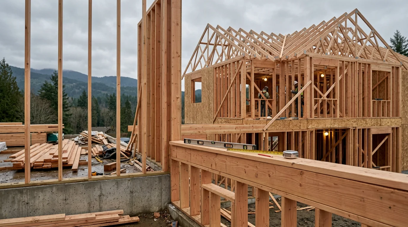 New home framing in progress on a residential lot in Whatcom County, WA, showing wood stud wall assemblies and roof structure under a Pacific Northwest sky. Sherman General Contracting LLC crew work visible at the framing stage of a custom home build.