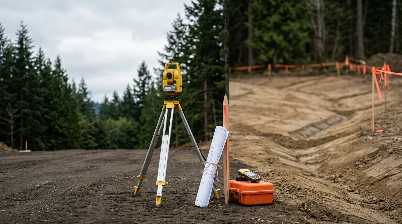 A cleared and graded residential land development site in Whatcom County, WA, showing prepared earth ready for home construction with surrounding Pacific Northwest tree line in the background.