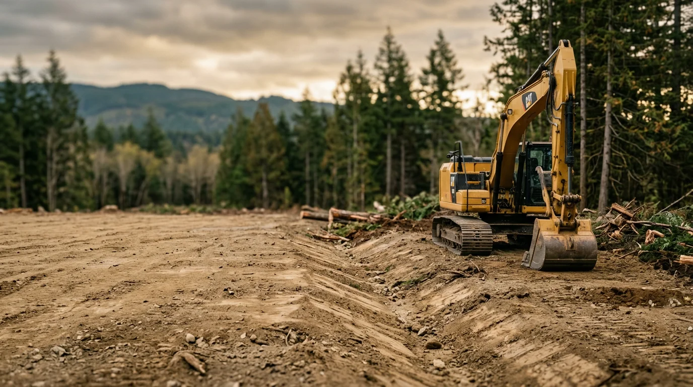 A cleared and rough-graded residential building lot in Whatcom County, WA, with exposed soil leveled and ready for custom home foundation work. Surrounding tree lines and overcast Pacific Northwest sky visible in the background.