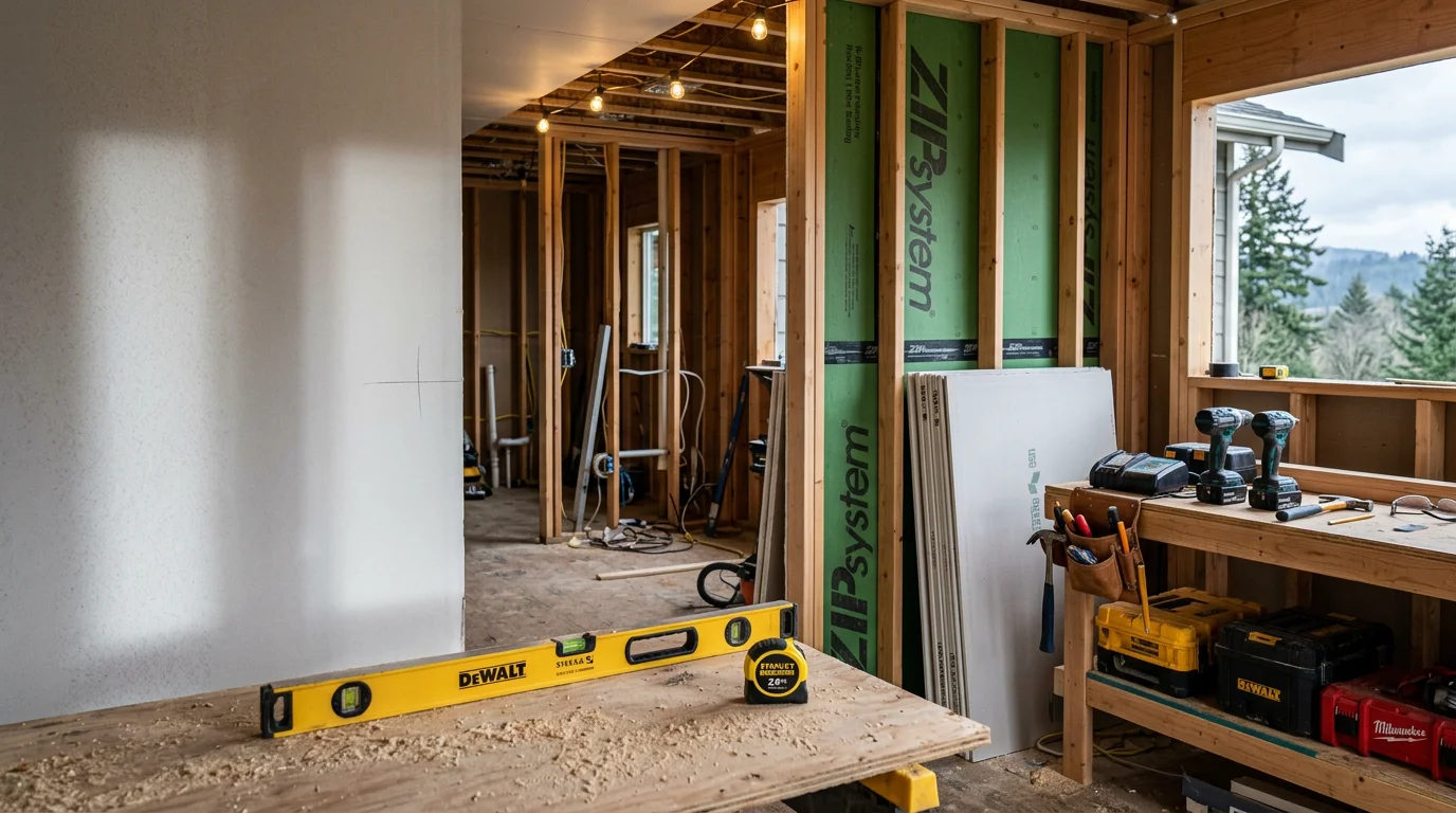 A fully remodeled single-family home interior in Whatcom County, WA, showing updated open-plan living and kitchen spaces with new finishes and natural light. The renovation reflects Pacific Northwest residential construction with attention to structural detail and clean craftsmanship throughout.